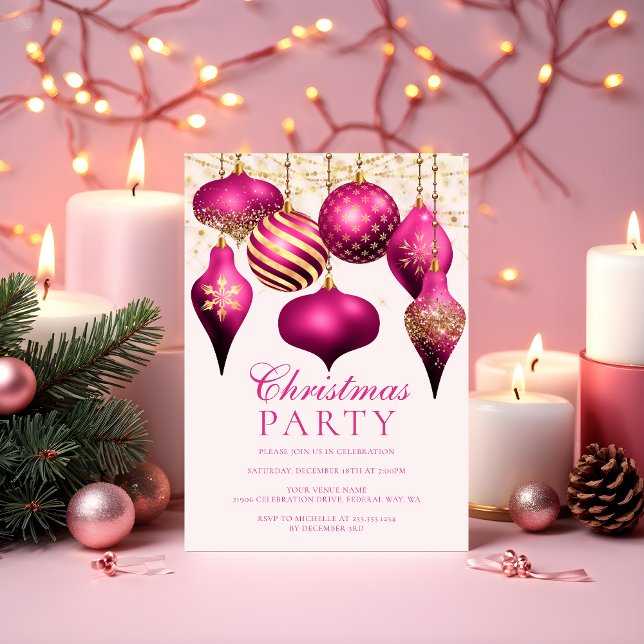 Elegantes Hot Pink Gold Ornamente Weihnachten Part Einladung (Elegant Hot Pink Gold Ornaments Christmas Party Invitation)