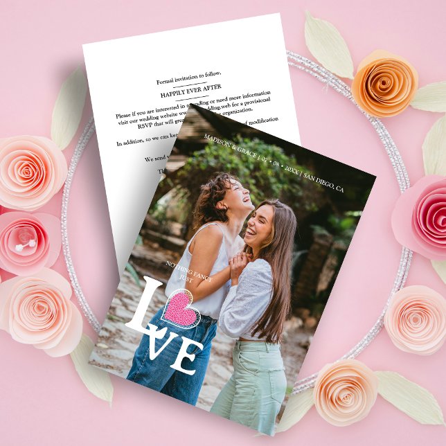 Elegantes Hot Pink Heart Foto Extravagante Liebe H Save The Date (Minimalist Elegant Photo Trendy Fake Lace Hot Pink Heart Love Quote Wedding Save the Date Card.)