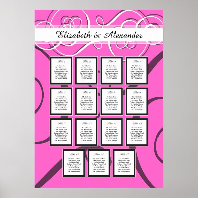 Elegantes Hot Pink Hochzeit 15 Tabelle Seating Cha Poster (Vorne)