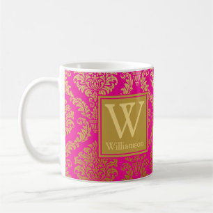 Elegantes Hot Pink und GoldDamask Personalisiert Kaffeetasse
