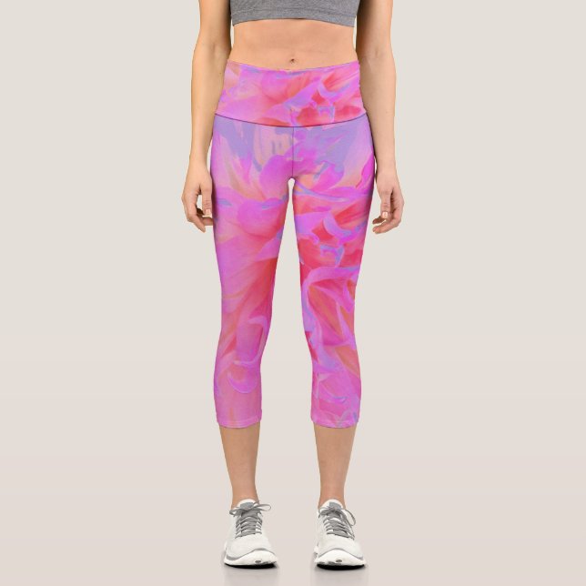 Elegantes Hot Pink und Magenta Dekorative Dahlia Capri Leggings (Vorderseite)