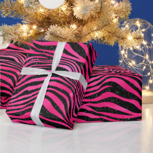 Elegantes Hot Pink und Schwarzer Glitzer Tiger Str Geschenkpapier