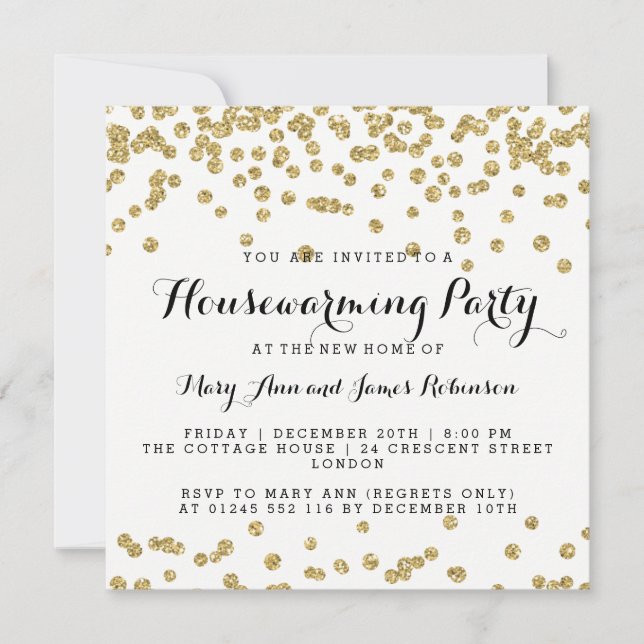 Elegantes Housewarming Party Gold Glitzer Confetti Einladung (Vorderseite)