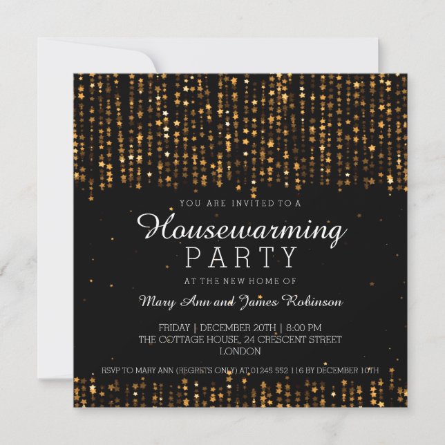 Elegantes Housewarming-Party-Sternconfetti-Gold Einladung (Vorderseite)