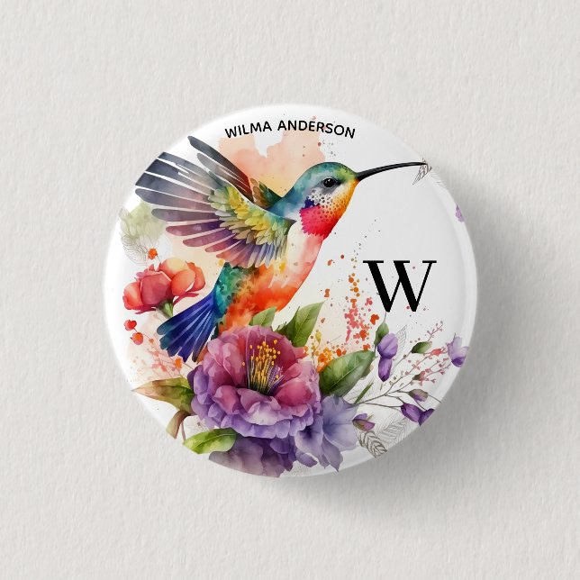 Elegantes Hummingbird Monogramm mit Namen Button (Vorderseite)