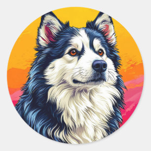 Elegantes Husky-Portrait mit lebendigem Sonnenunte Runder Aufkleber