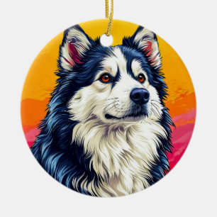 Elegantes Husky-Porträt mit lebendiger Sonnenunter Keramik Ornament