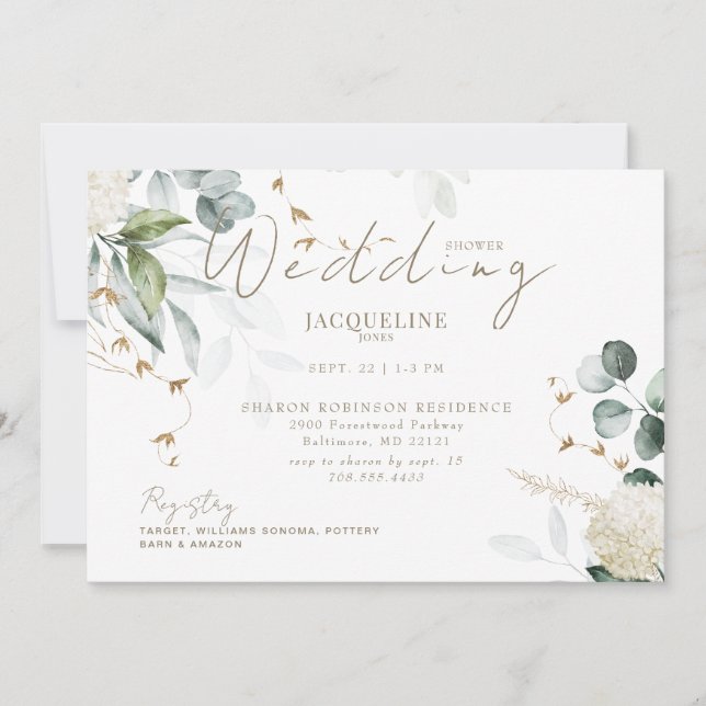 Elegantes Hydrangea Weißes, horizontales Brautpart Einladung (Vorderseite)