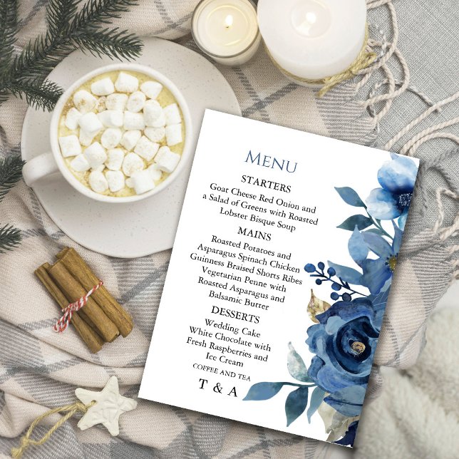 Elegantes Ice Blue Winter Floral Menü Einladung (Elegant Ice Blue Winter Floral Menu  #navyblue #winterinvitation #blueandgold )