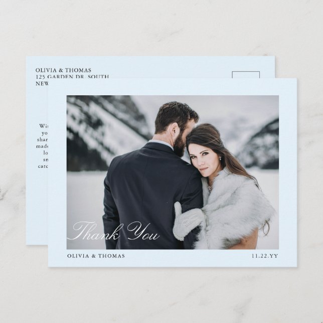 Elegantes Ice Blue Winter Wedding Foto Vielen Dank Postkarte (Vorne/Hinten)