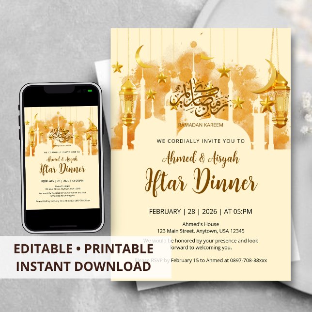 Elegantes Iftar-Dinner mit goldener Moschee-Silhou Einladung (Von Creator hochgeladen)