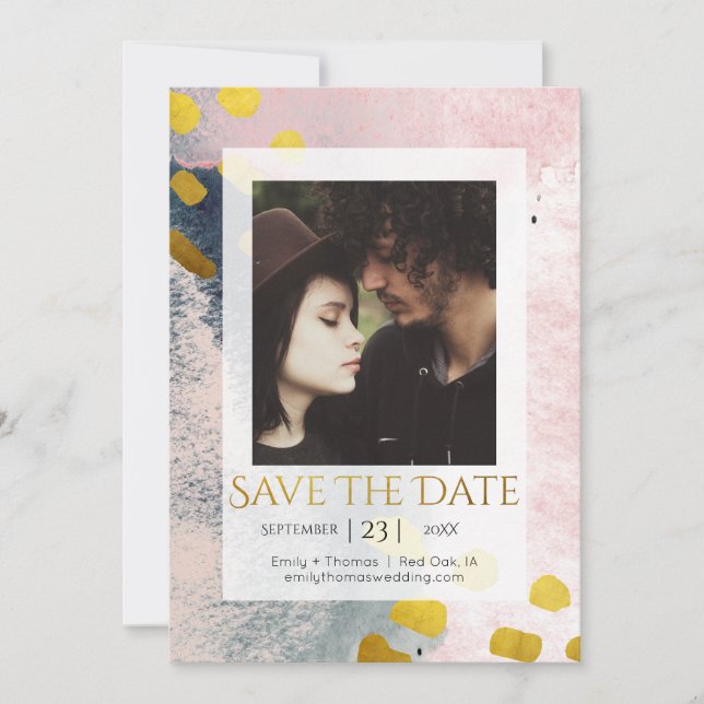 Elegantes Imitat Eigenes Foto Gold und Blush Save The Date (Vorderseite)