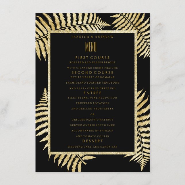 Elegantes Imitat Gold Leaf Bracken Wedding Menu Menükarte (Vorderseite)