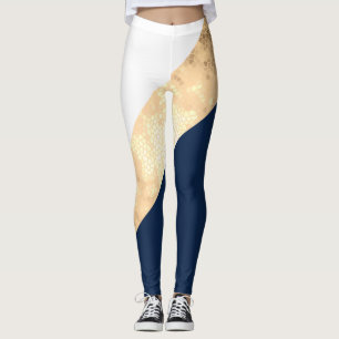 elegantes Imitat Gold, Marineblau, weiße Streifen Leggings