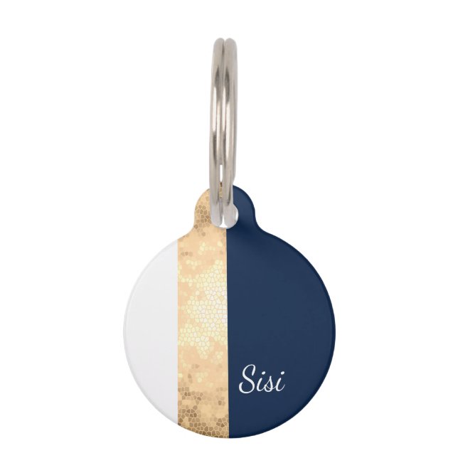elegantes Imitat Gold, Marineblau, weiße Streifen Tiernamensmarke (Vorderseite)