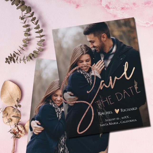 Elegantes Imitat Rose Gold Wedding Foto Save the D Ankündigungspostkarte (Von Creator hochgeladen)