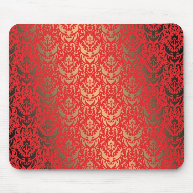 Elegantes Imitat-Schimmer-Gold und roter Damast Mousepad (Vorne)