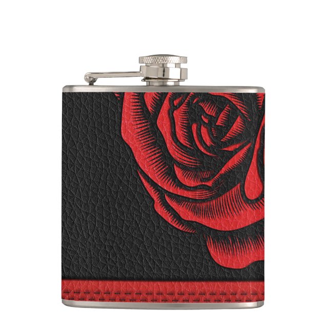 Elegantes Imitat-Schwarz-rote lederne Rose Flachmann (Vorderseite)