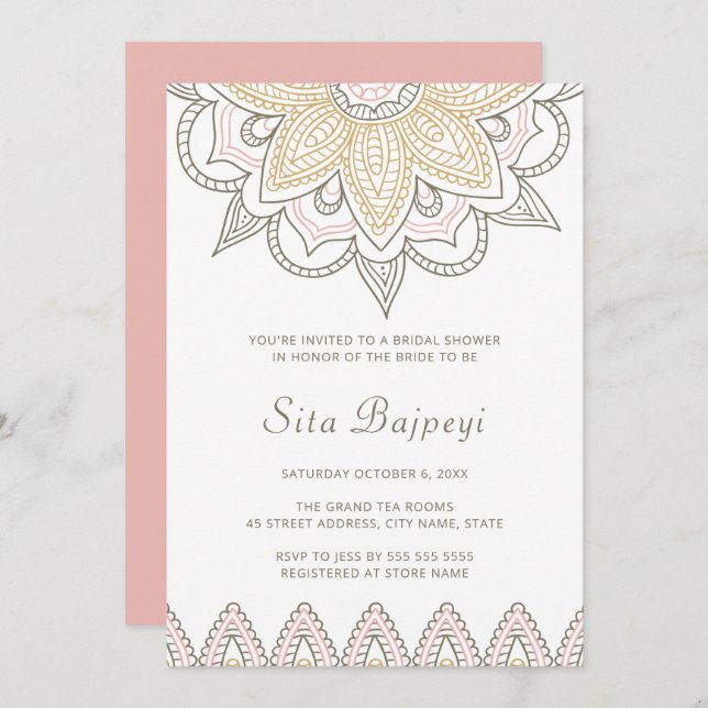 Elegantes Indian Pink Mehndi Hindu Brautparty Einladung (Vorne/Hinten)