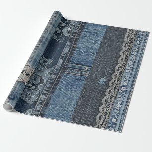 Elegantes Indigo Lace Stripe Denim Muster (2) Geschenkpapier