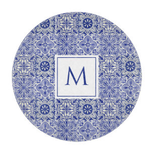 Elegantes individuelles Monogramm Blau Weiß Schneidebrett