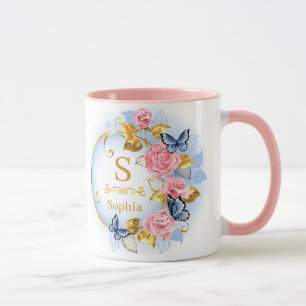 Elegantes initiales Blumen-Schmetterling-Monogramm Tasse