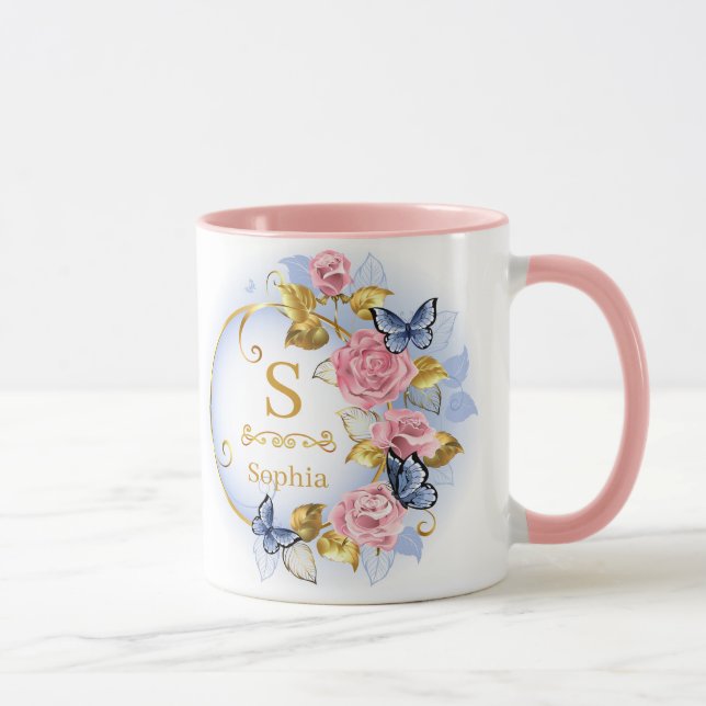 Elegantes initiales Blumen-Schmetterling-Monogramm Tasse (Rechts)
