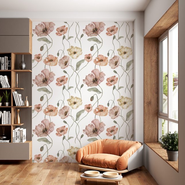 Elegantes isländisches Mohnblütenmuster Tapete (Elegant Watercolor Icelandic Poppy Floral Pattern Wallpaper)