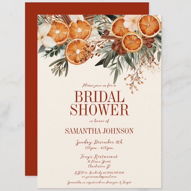 Elegantes Ivory Citrus Floral Brautparty Einladung (Ivory Orange Citrus Floral Bridal Shower Invitation, Christmas, Fall Autumn, Elegant Modern Wedding)