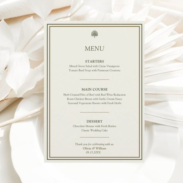 Elegantes Ivory & Gold 12x18 Wedding Reception Men Menükarte (Elegant wedding menu card with classic gold border for modern and timeless reception design.)