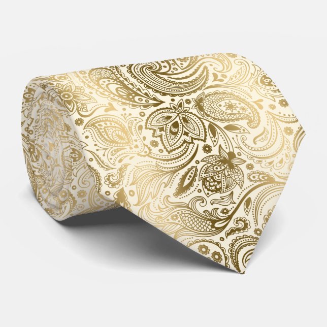 Elegantes Ivory & Gold Vintag Paisley Muster Krawatte (Gerollt)