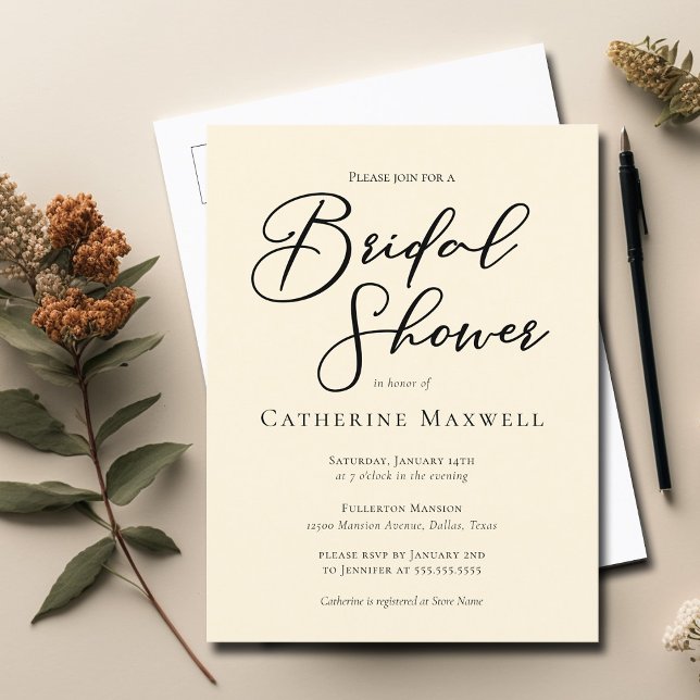 Elegantes Ivory Minimalistisch Typografy Brautpart Einladungspostkarte (Von Creator hochgeladen)