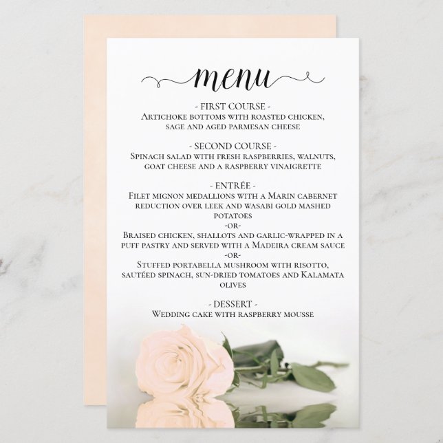 Elegantes Ivory Peach Rose Budget Wedding Menu (Vorne/Hinten)