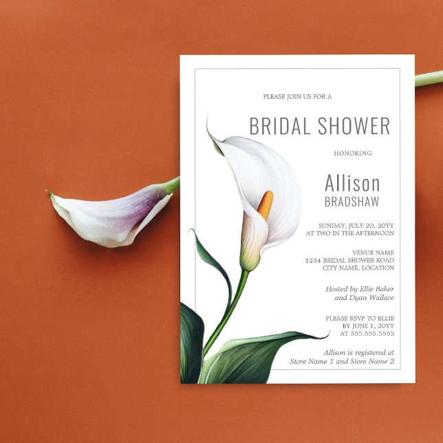 Elegantes Ivory White Calla Lily Brautparty Einladung (Elegant white calla lily bridal shower invitation front view.)