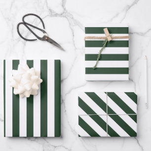 Elegantes Jägergrün und weiß gestreiftes Muster Geschenkpapier Set