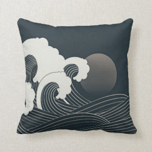 Elegantes japanisches Waves Schwarz-Weiß-Artwork Kissen