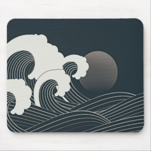 Elegantes japanisches Waves Schwarz-Weiß-Artwork  Mousepad