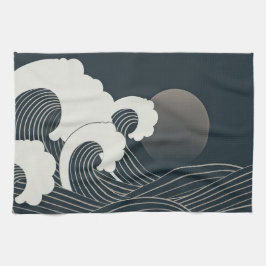 Elegantes japanisches Waves Schwarz-Weiß-Kunstwerk Geschirrtuch