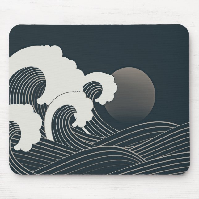 Elegantes japanisches Waves Schwarz-Weiß-Kunstwerk Mousepad (Vorne)