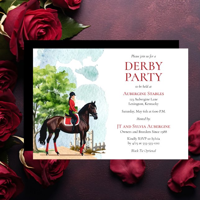 Elegantes Jockey und Race Horse Derby Party Einladung (Elegant Girl Jockey in Red and Black and Race Horse Derby Party Invitation)