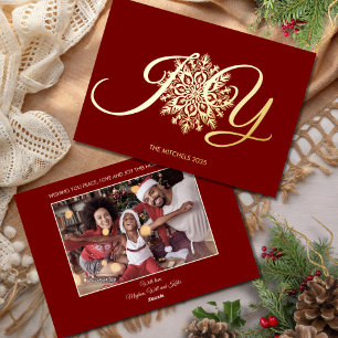 Elegantes JOY Burgundy Weihnachts-Foto Gold Folien Feiertagskarte