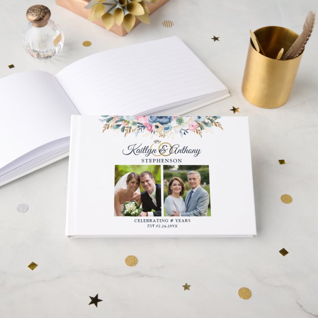 Elegantes Jubiläum Wasserfarben Blumen 2 Fotos Gästebuch (Vorderseite Offen)