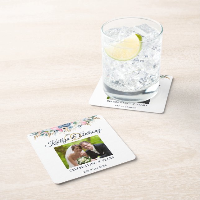 Elegantes Jubiläum Wasserfarben Blumenbilder Rechteckiger Pappuntersetzer (Vor Ort)