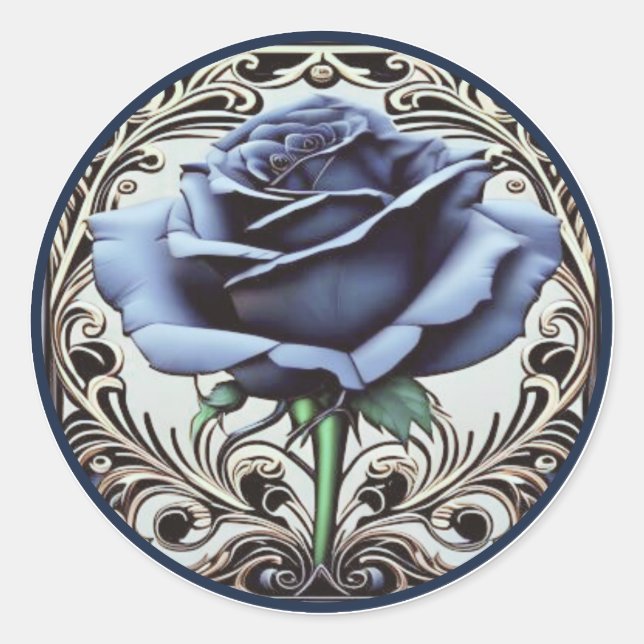Elegantes Jugendstil Blaue Rose Design Runder Aufkleber (Vorderseite)