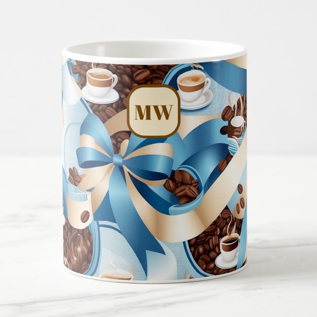 Elegantes, kaffeeblau-blaues Bändchen-Monogramm Kaffeetasse (Von Creator hochgeladen)