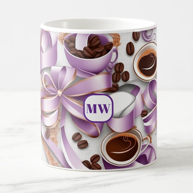 Elegantes Kaffeelavender Band Bowles Monogramm Kaffeetasse (Von Creator hochgeladen)
