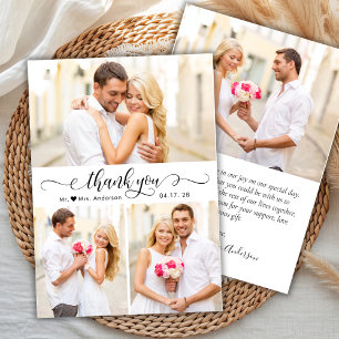 Elegantes Kalligrafie-Script 3 Foto Collage Weddin Dankeskarte