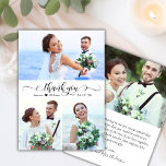 Elegantes Kalligrafie-Script 3 Foto Collage Weddin Dankeskarte<br><div class="desc">Moderne elegante Wirble Hand Briefe 3 Foto Collage Hochzeit Dankeschön Karte. Stilvolle Hochzeit dank Karte Vorlage mit drei (3) Foto auf der Vorderseite und ein (1) Foto auf der Rückseite. Mit dem Text "danke" in einer Wirblen kursiven Hand Letterkalligraphie oder Typografie Skript-Schriftart in schwarz auf weißem Hintergrund. Kleine Liebe Herzmotiv...</div>
