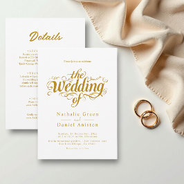 Elegantes Kalligrafie Script White and Gold Weddin Einladung