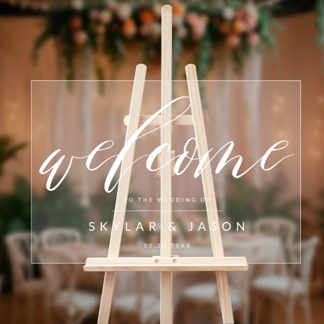 Elegantes Kalligrafie Script White Welcome Wedding Acrylschild (Elegant Calligraphy Script White Welcome Wedding Acrylic Sign)